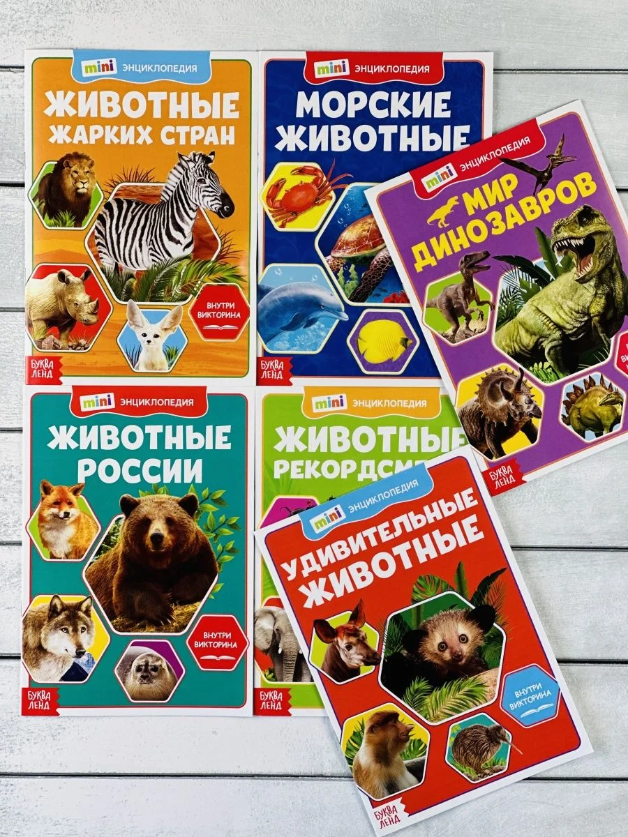 Мини энциклопедия набор 6шт Животные Звери Динозавр Акула