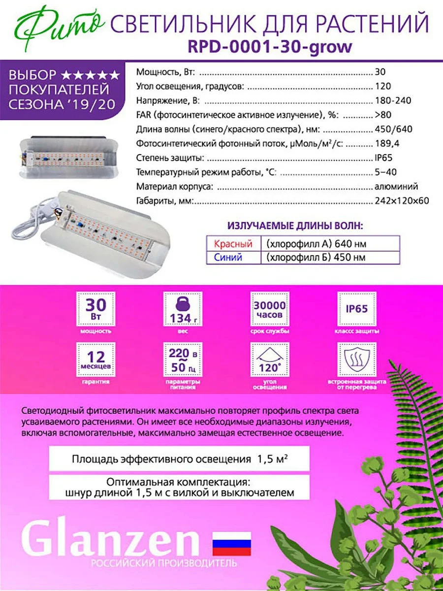 Серый cветодиодный светильник / фитолампа для растений и рассады GLANZEN 30 ВТ IP65 RPD-0001-30