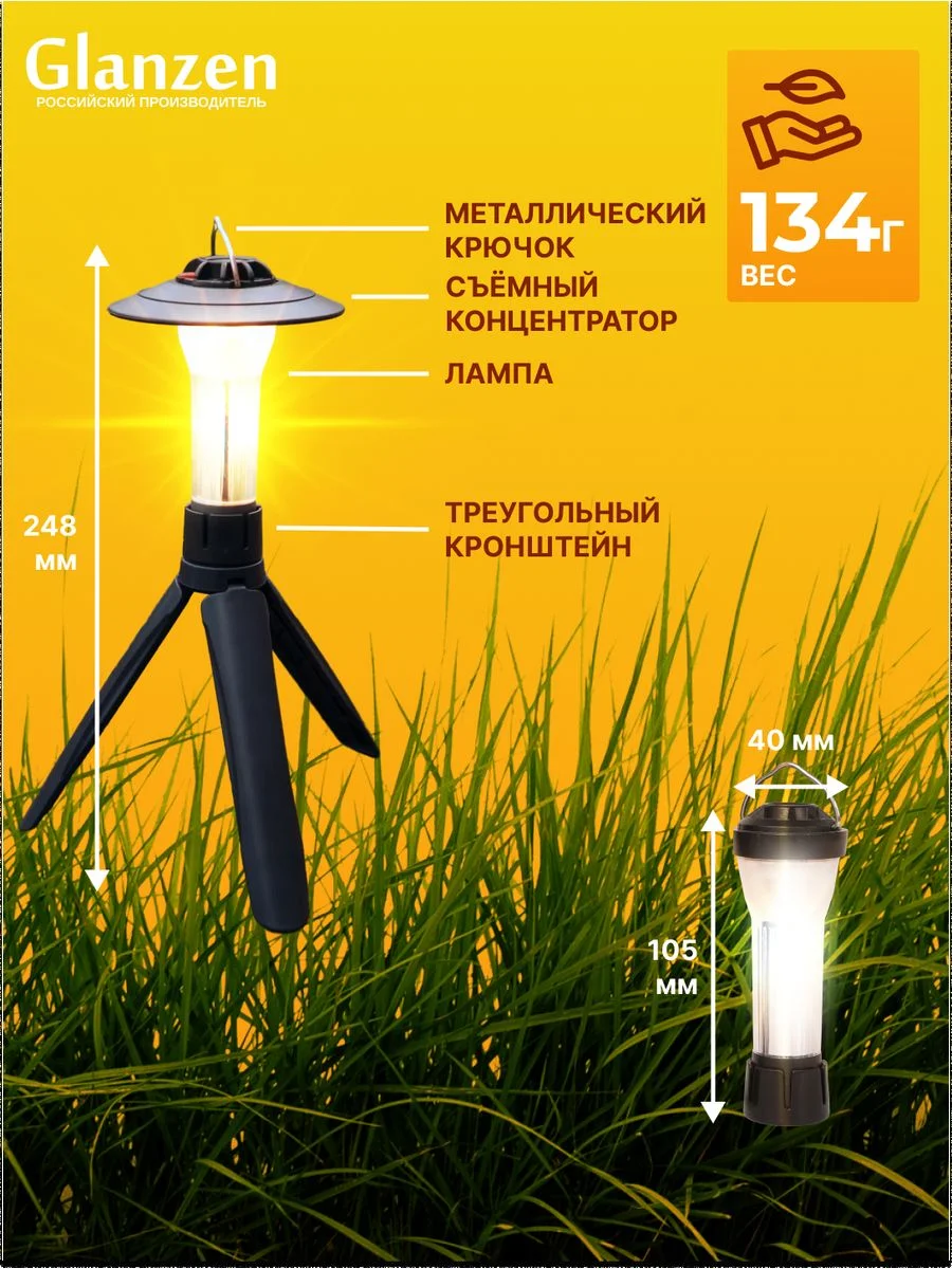 Черный светодиодный кемпинговый аккумуляторный с 3 режимами USB фонарь GLANZEN CFL-0005-100