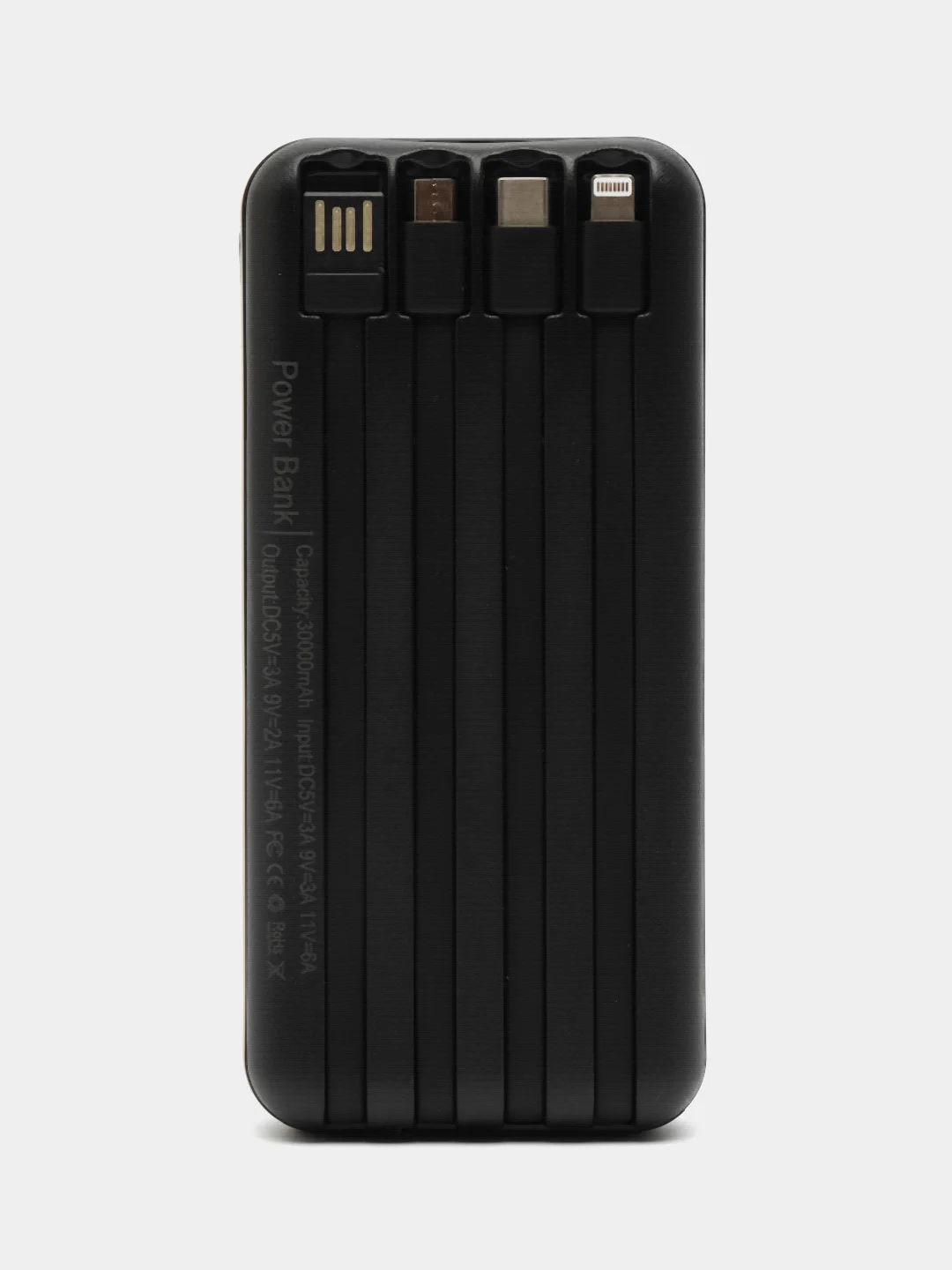 Черный внешний аккумулятор c быстрой зарядкой с встроенными кабелями Power Bank, 20000/30000 mAh