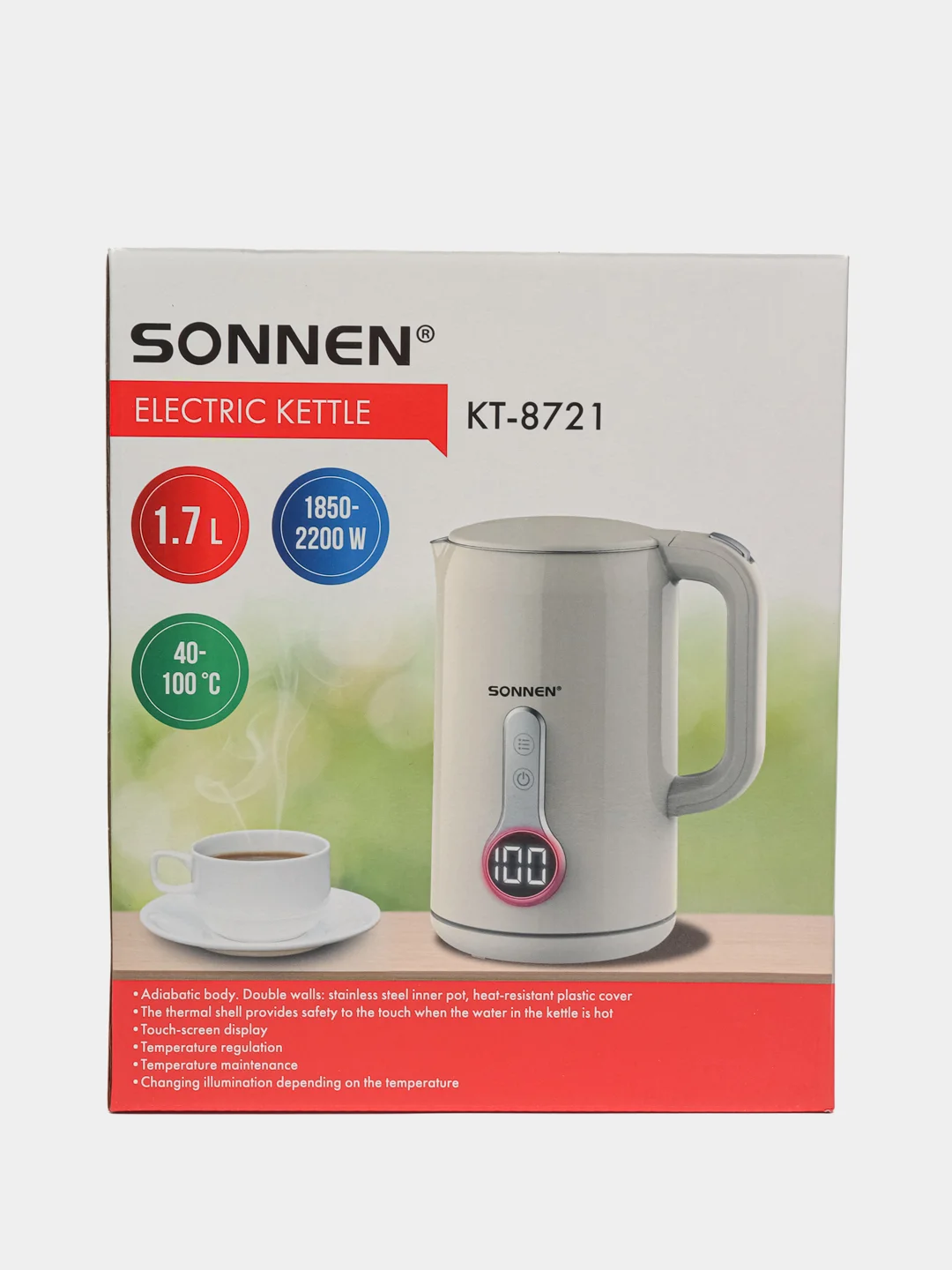 Чайник электрический Sonnen, 454688, двойные стенки, терморегулятор, дисплей, 1,7л 2200 Вт