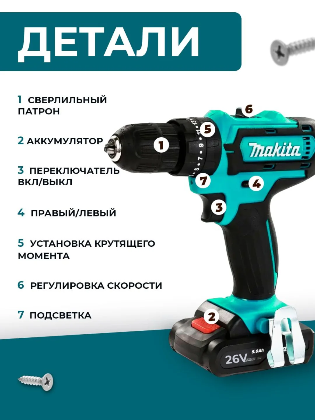 Черный дрель-шуруповерт аккумуляторный, 26V / 48V с набором из 24 насадок