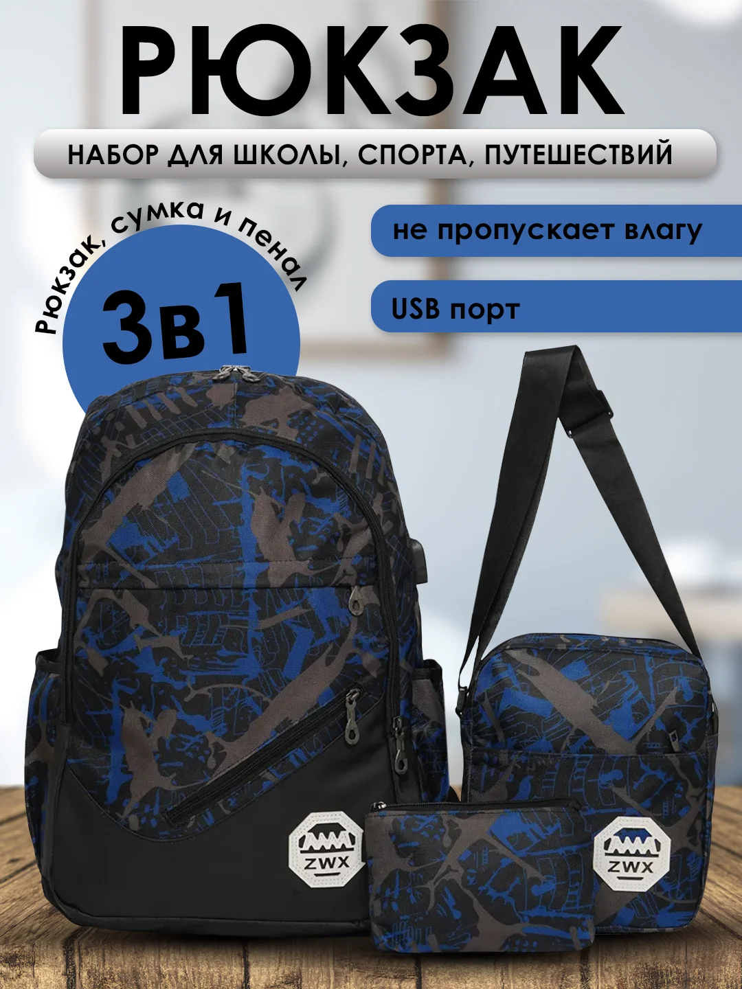 Синий подростковый городской рюкзак, с usb портом 3 предмета, школьный рюкзак