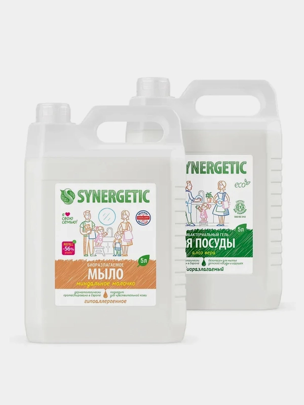 Набор для мытья посуды SYNERGETIC Гель "Алоэ", жидкое мыло "Миндальное молочко", 5 л