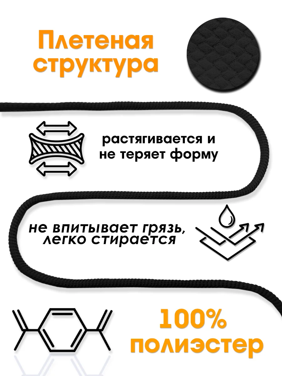 Черный шнурок для одежды и обуви круглый