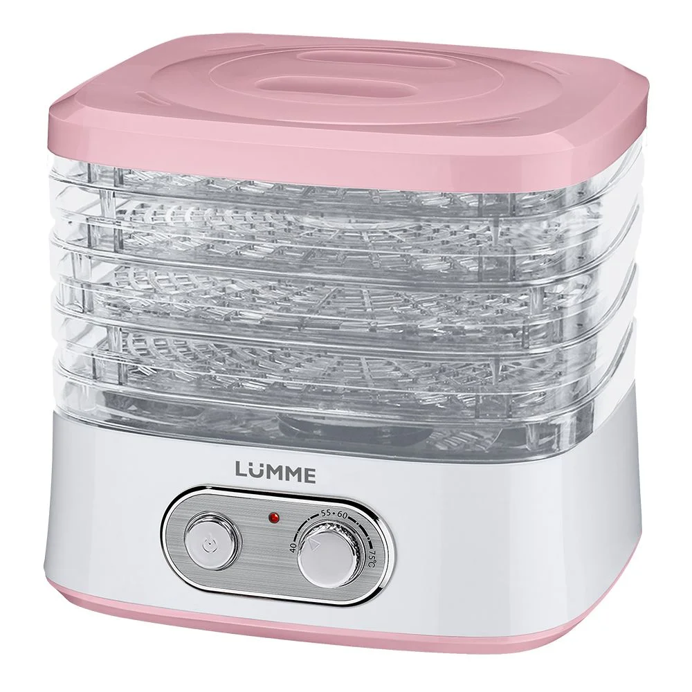 Розовый сушилка для овощей и фруктов LUMME LU-FD1854A с вентилятором, 4 уровня , белый/розовый