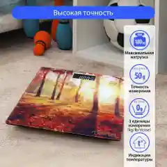 Весы напольные электронные со встроенным термометром MARTA MT-1676 осенний лес