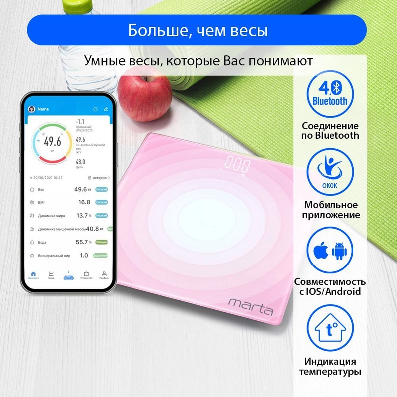 Умные диагностические весы MARTA MT-SC3603 , LED дисплей, Bluetooth, розовый