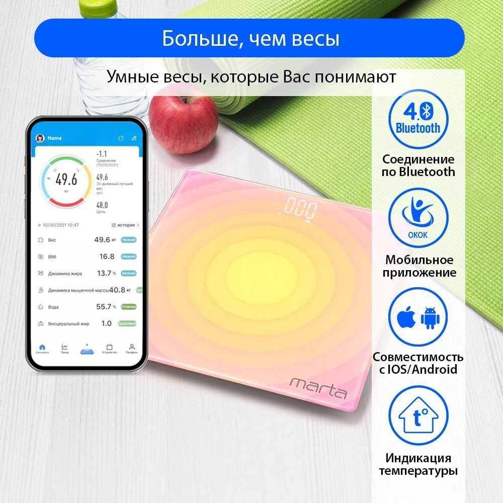 Умные диагностические весы MARTA MT-SC3603 , LED дисплей, Bluetooth, желто-розовый
