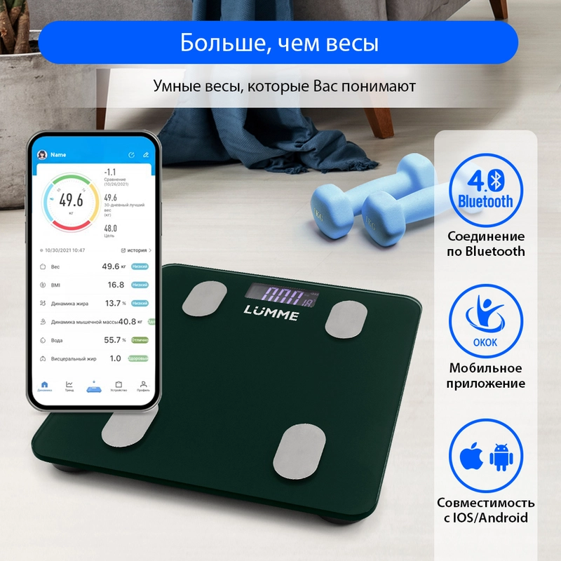 Умные диагностические весы LUMME LU-1334, 28x28 см, max 180кг,темный хризолит