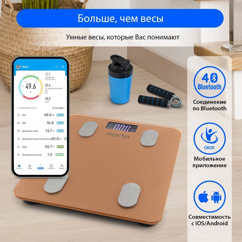 Умные диагностические весы MARTA MT-1607 max 180кг, 30x30 см, золотистый опал