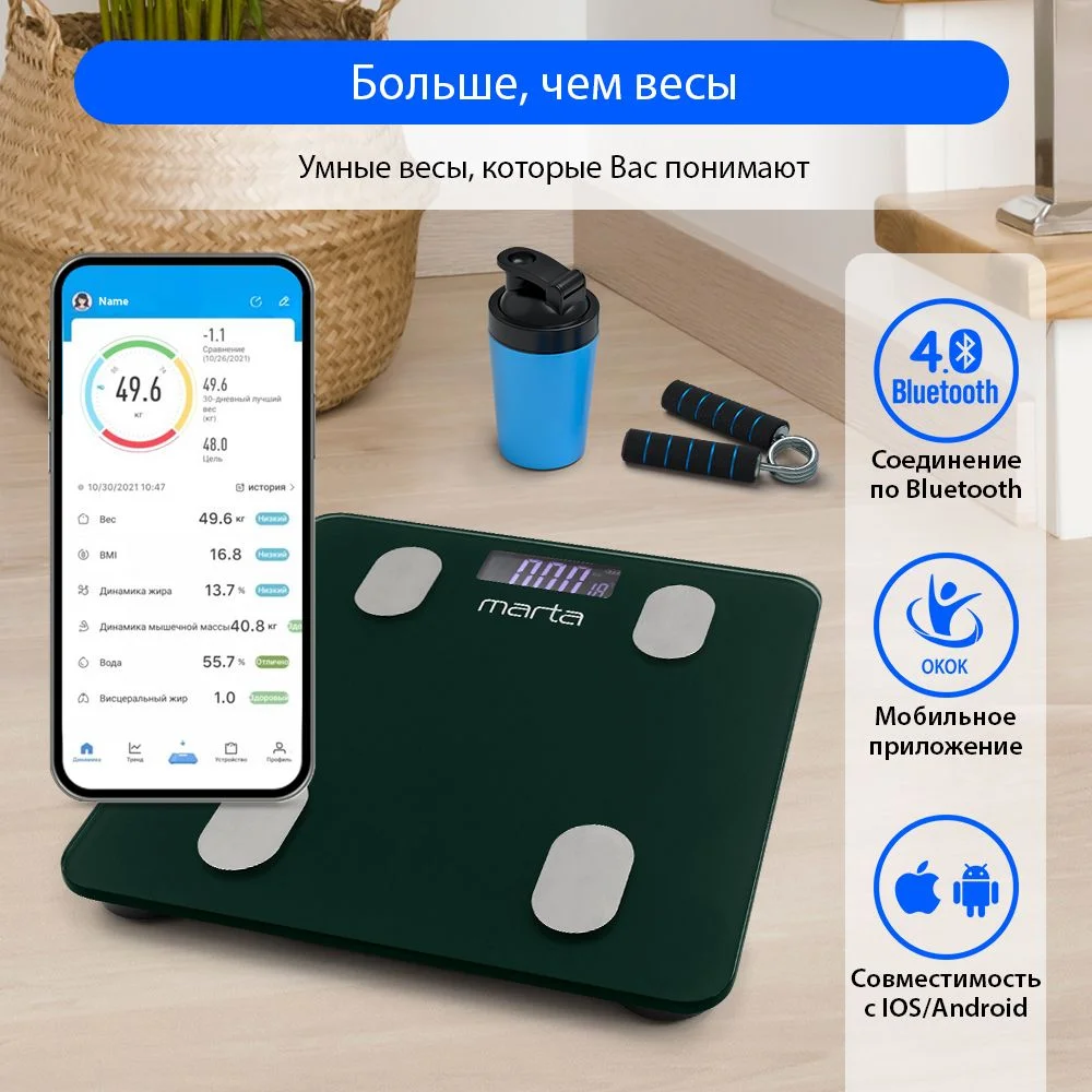 Зеленый умные диагностические весы MARTA MT-1607 max 180кг, 30x30 см, темный хризолит