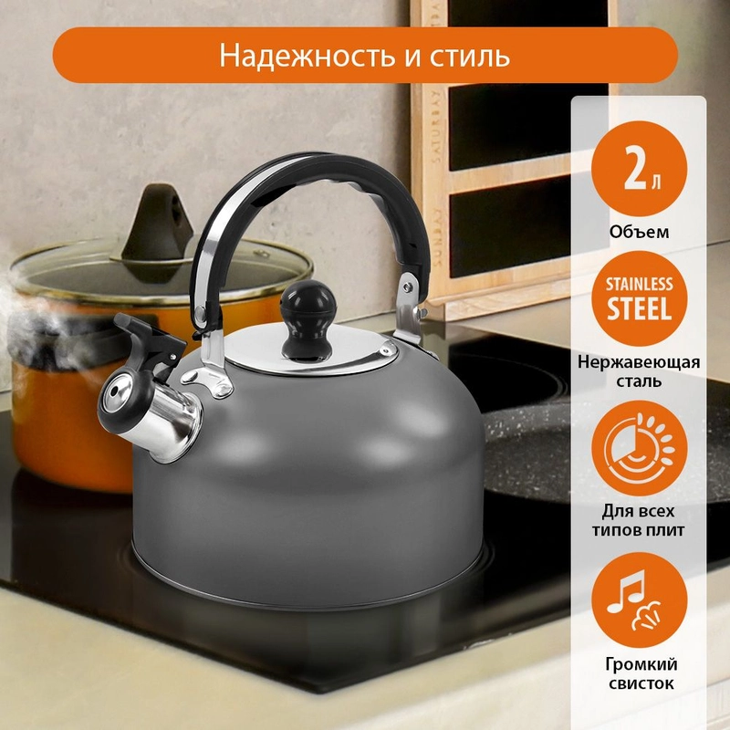 Чайник со свистком HOME ELEMENT HE-WK1602, 2л, нерж. сталь, темно-серый матовый