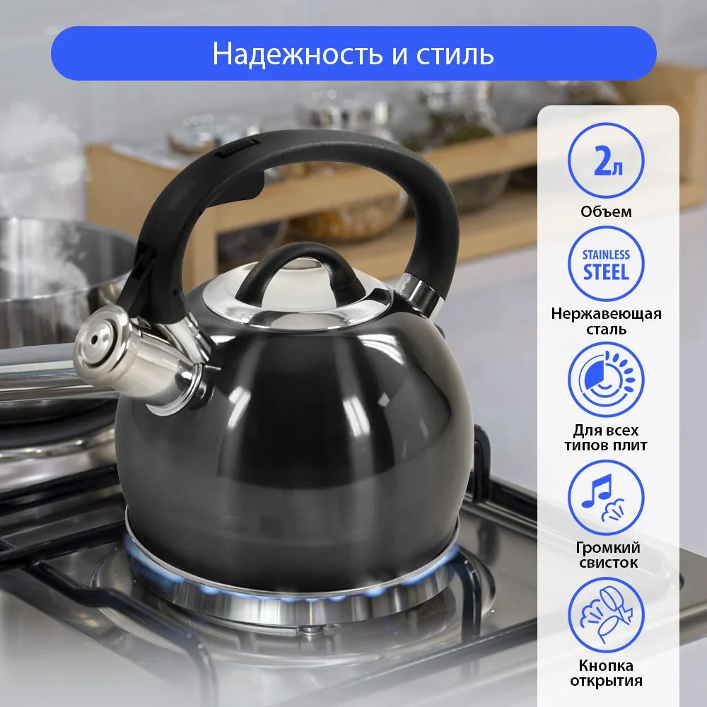 Черный чайник со свистком MARTA MT-3089 2 л/ нержавеющая сталь, черный