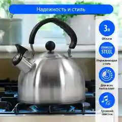 Чайник со свистком LUMME LU-268 для газовой плиты 3л, нерж. Сталь, черный жемчуг