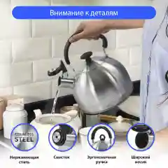 Серебряный чайник со свистком LUMME LU-268 для газовой плиты 3л, нерж. сталь, серый агат