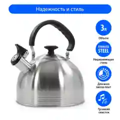 Серебряный чайник со свистком LUMME LU-268 для газовой плиты 3л, нерж. сталь, серый агат