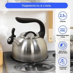 Чайник со свистком Marta MT-3025 нерж. сталь 2,5 л, серый жемчуг