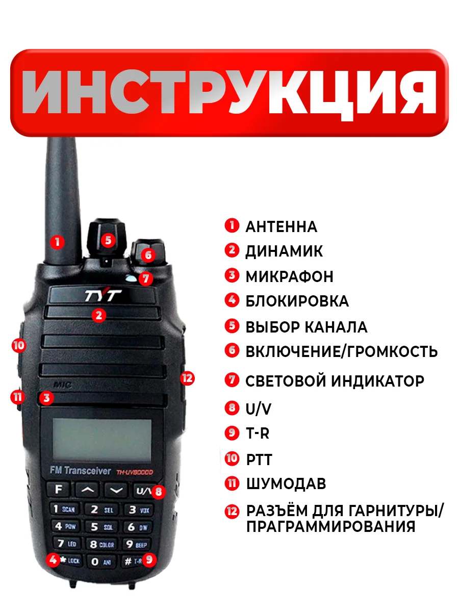 Портативная радиостанция TYT TH-UV8000D, 10 Вт, черная, радиус 15 км, UHF VHF
