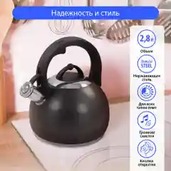 Черный чайник со свистком MARTA MT-3091 2.8 л, чайник для плиты, нержавеющая сталь,черный матовый