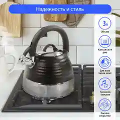 Черный чайник со свистком MARTA MT-3098 3 л, капсульное дно, нержавеющая сталь, черный матовый