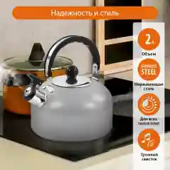 Чайник со свистком HOME ELEMENT HE-WK1602, 2л, нерж. сталь, светло-серый матовый