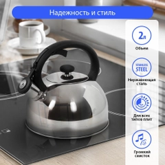 Чайник со свистком MARTA MT-3022 нерж. сталь 2 л, серый жемчуг