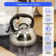 Чайник со свистком MARTA MT-3026 нерж. сталь 2,5 л, черный жемчуг