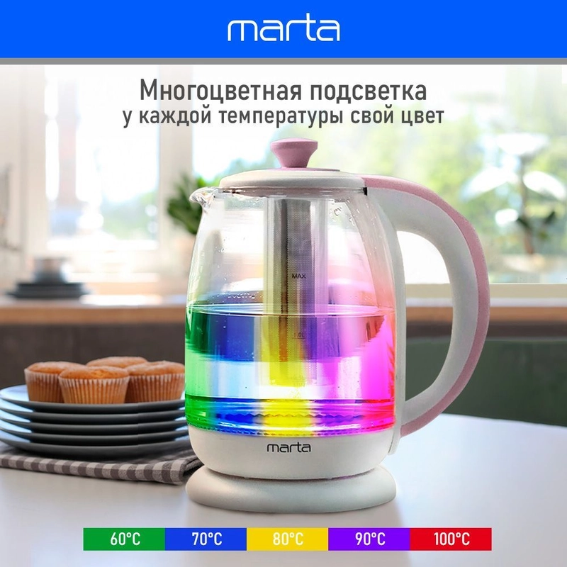 Чайник электрический MARTA MT-4622 стеклянный/электрочайник со съемным заварочным фильтром