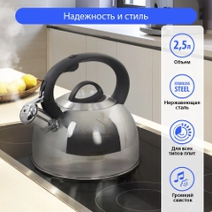 Чайник со свистком MARTA MT-3024 нерж. сталь 2,5 л, черный жемчуг