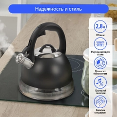 Чайник со свистком MARTA MT-3093 2,8 Л/ чайник для плиты нержавеющая сталь, черный матовый