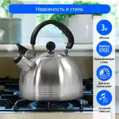 Чайник со свистком LUMME LU-268 для газовой плиты 3л, нерж. Сталь, серый жемчуг