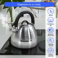 Серый металлик чайник со свистком MARTA MT-3097 3 л, капсульное дно, нержавеющая сталь
