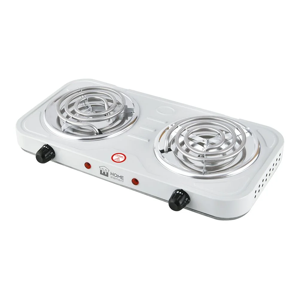Серый металлик плитка электрическая настольная HOME ELEMENT HE-HP720B, 2 конфорки, d14, белый