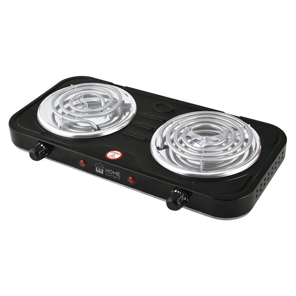 Серый металлик плитка электрическая настольная HOME ELEMENT HE-HP721B, 2 конфорки, d14, черный
