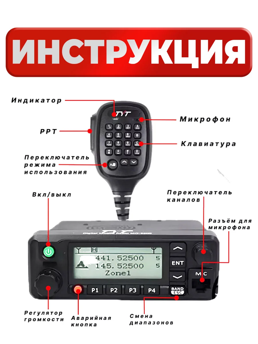 Рация TYT MD-9600, черная, автомобильная радиостанция с радиусом 30 км, UHF VHF IP67