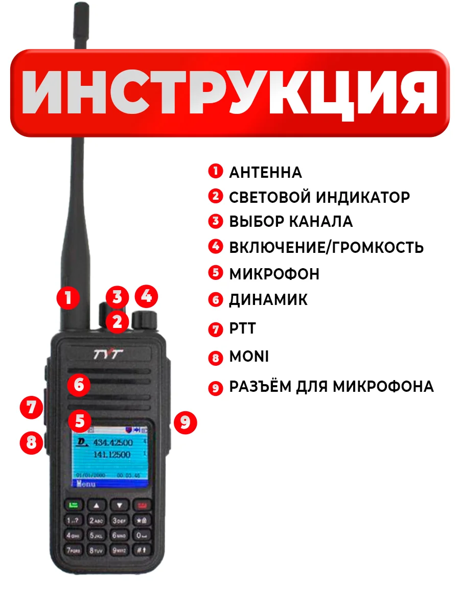 Портативная радиостанция TYT MD-UV380 DMR, черная, с радиусом до 12 км, UHF VHF
