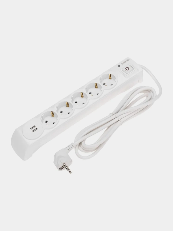 Фильтр сетевой  KRANZ 5 гнезд + 2 USB, с автовыключателем, белый