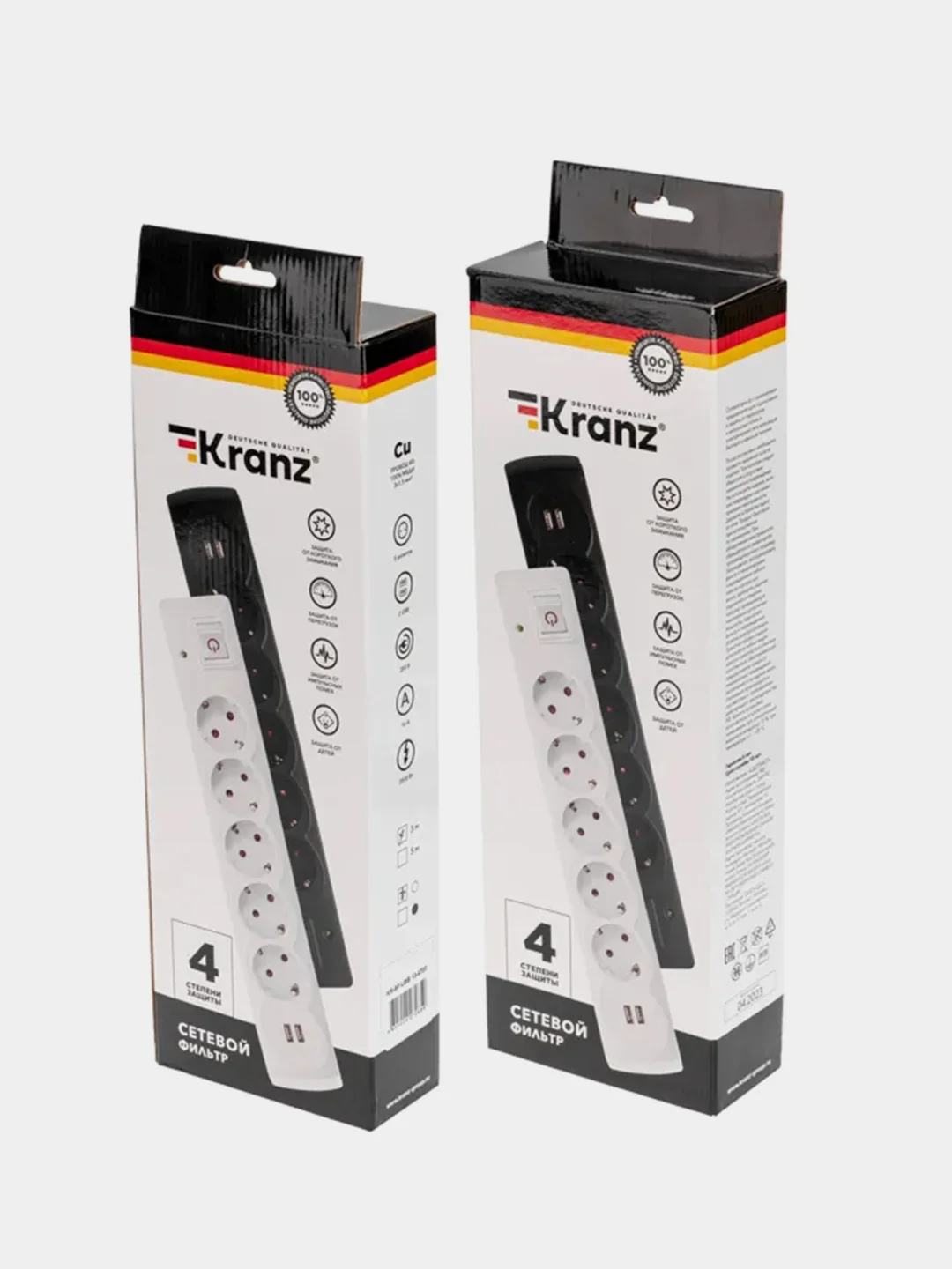 Фильтр сетевой  KRANZ 5 гнезд + 2 USB, с автовыключателем, белый