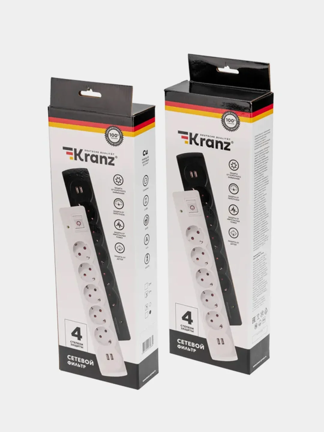 Фильтр сетевой KRANZ, 5 гнезд, 5 м, 3 х 1,5 мм, с автовыключением, 2 USB, белый