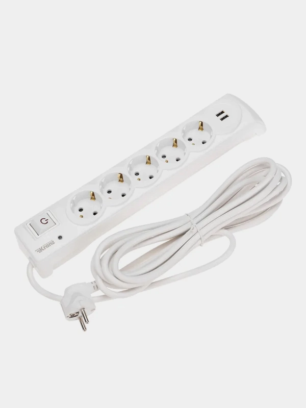 Фильтр сетевой KRANZ, 5 гнезд, 5 м, 3 х 1,5 мм, с автовыключением, 2 USB, белый