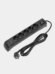 Фильтр сетевой KRANZ, 5 гнезд, 3 м, 3 х 1,5 мм, с автовыключением, 2 USB, черный