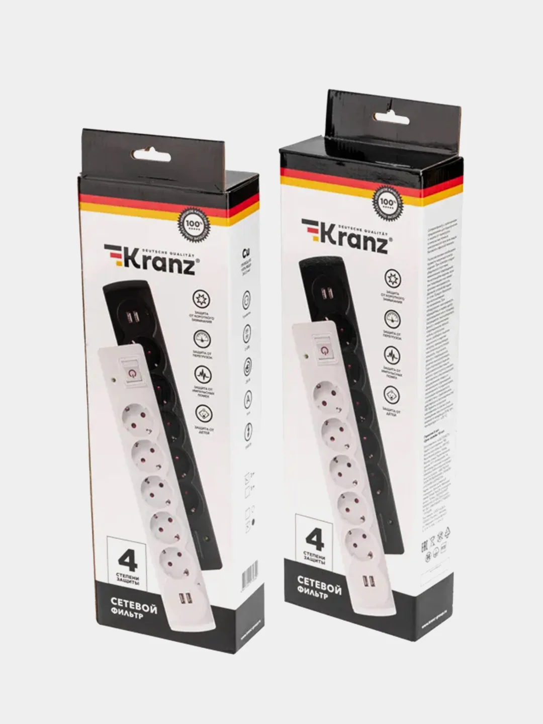 Фильтр сетевой KRANZ, 5 гнезд, 3 м, 3 х 1,5 мм, с автовыключением, 2 USB, черный