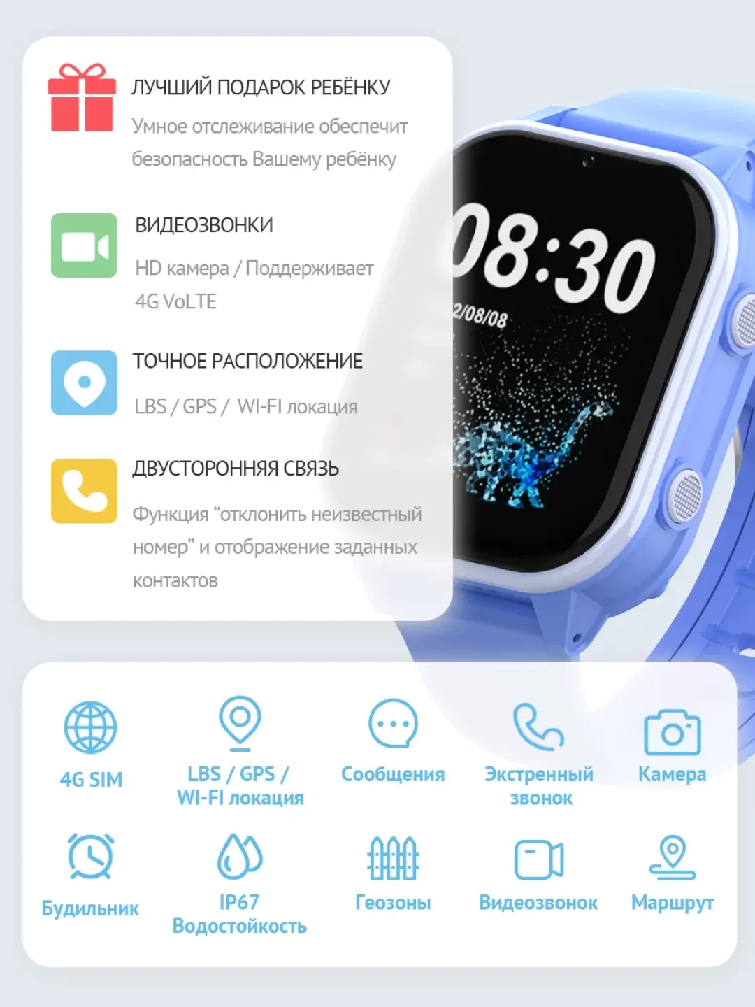 Часы Smart Baby Watch Wonlex KT19pro, голубые