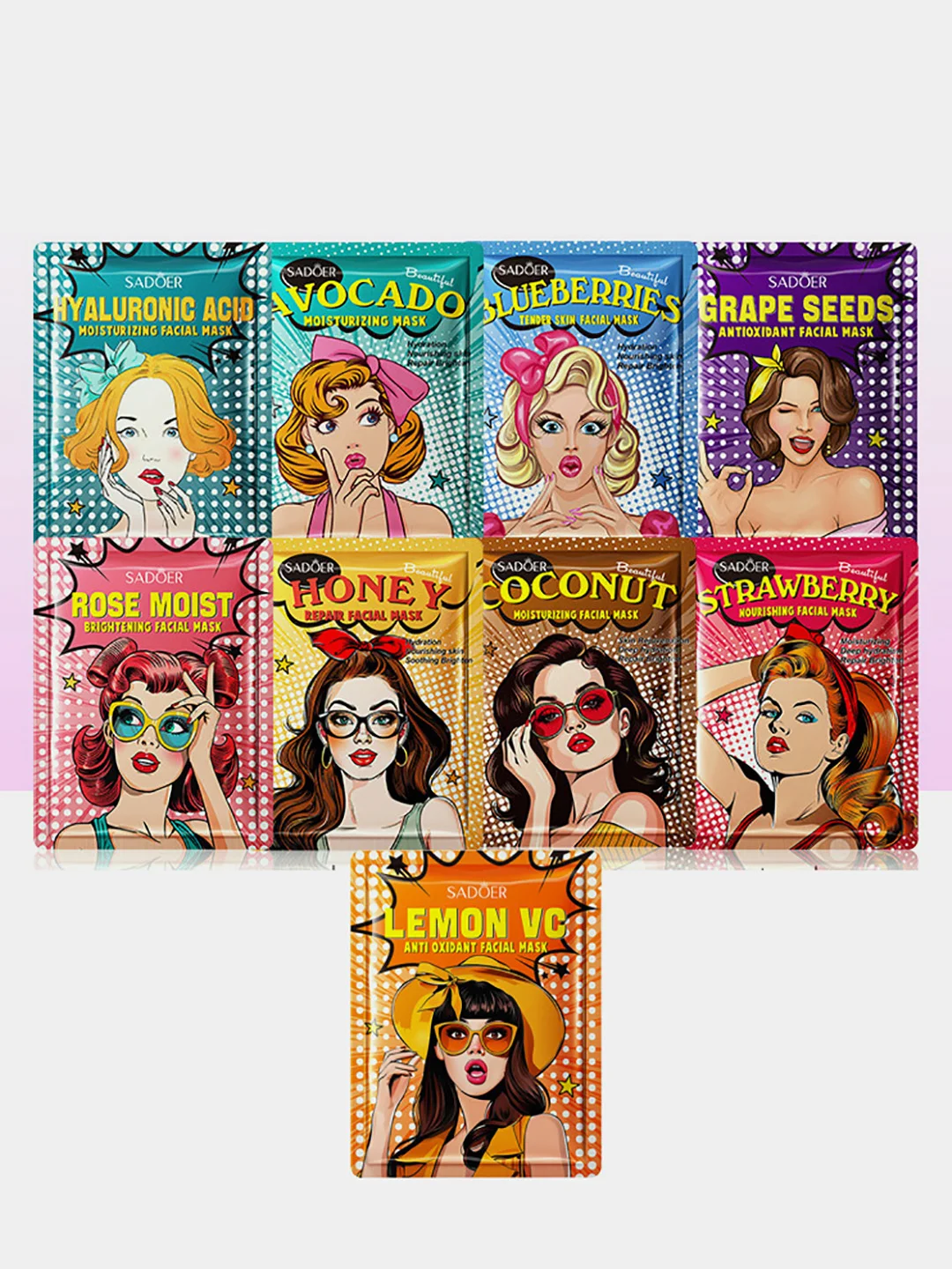 Тканевая маска для лица с гиалуроном,авокадо,кокосом,черникой,розой Cool Girls