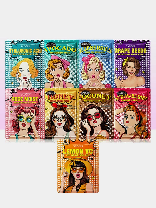 Тканевая маска для лица с гиалуроном,авокадо,кокосом,черникой,розой Cool Girls