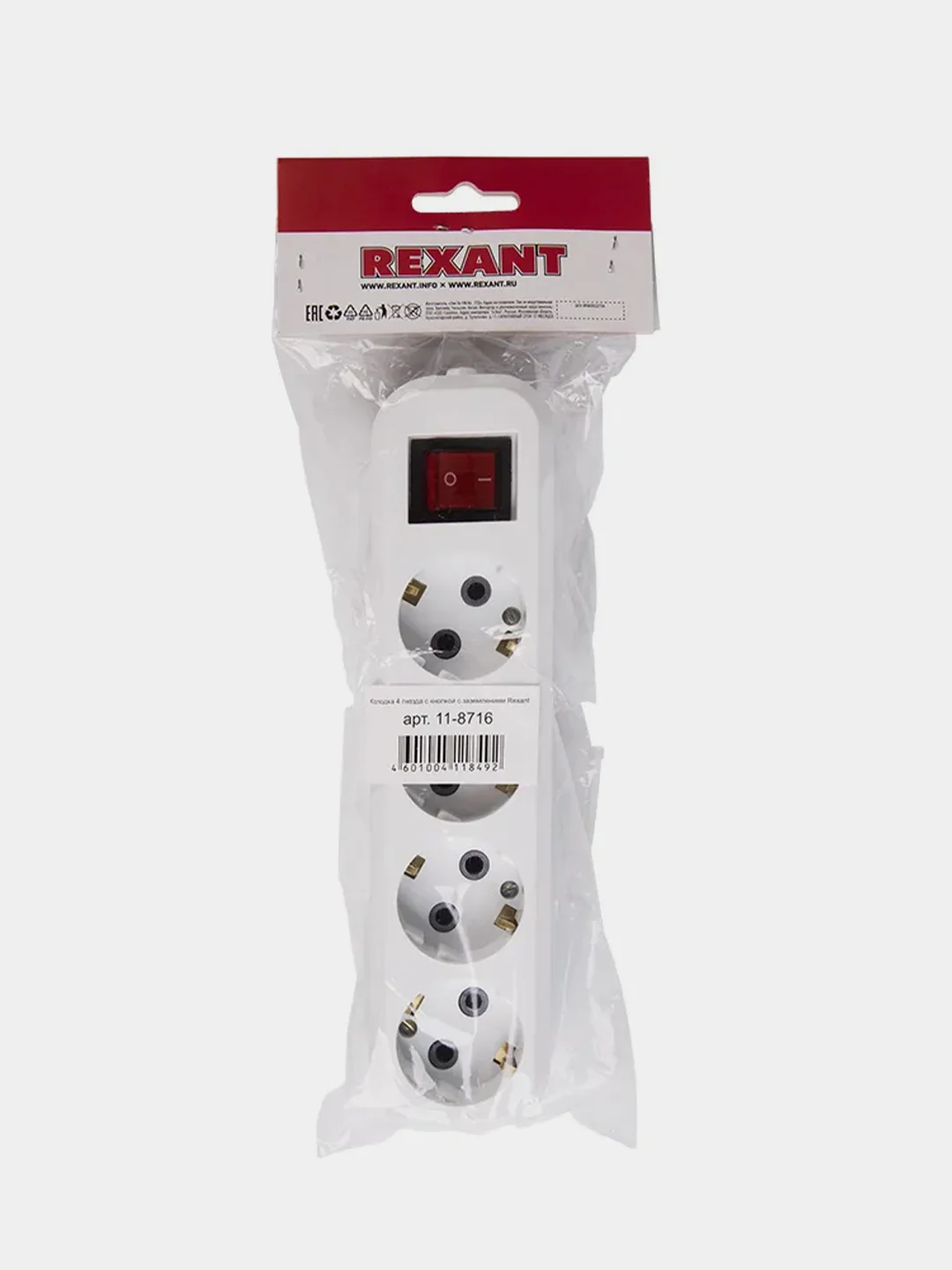 Колодка Rexant, 4 гнезда, с кнопкой, c заземлением
