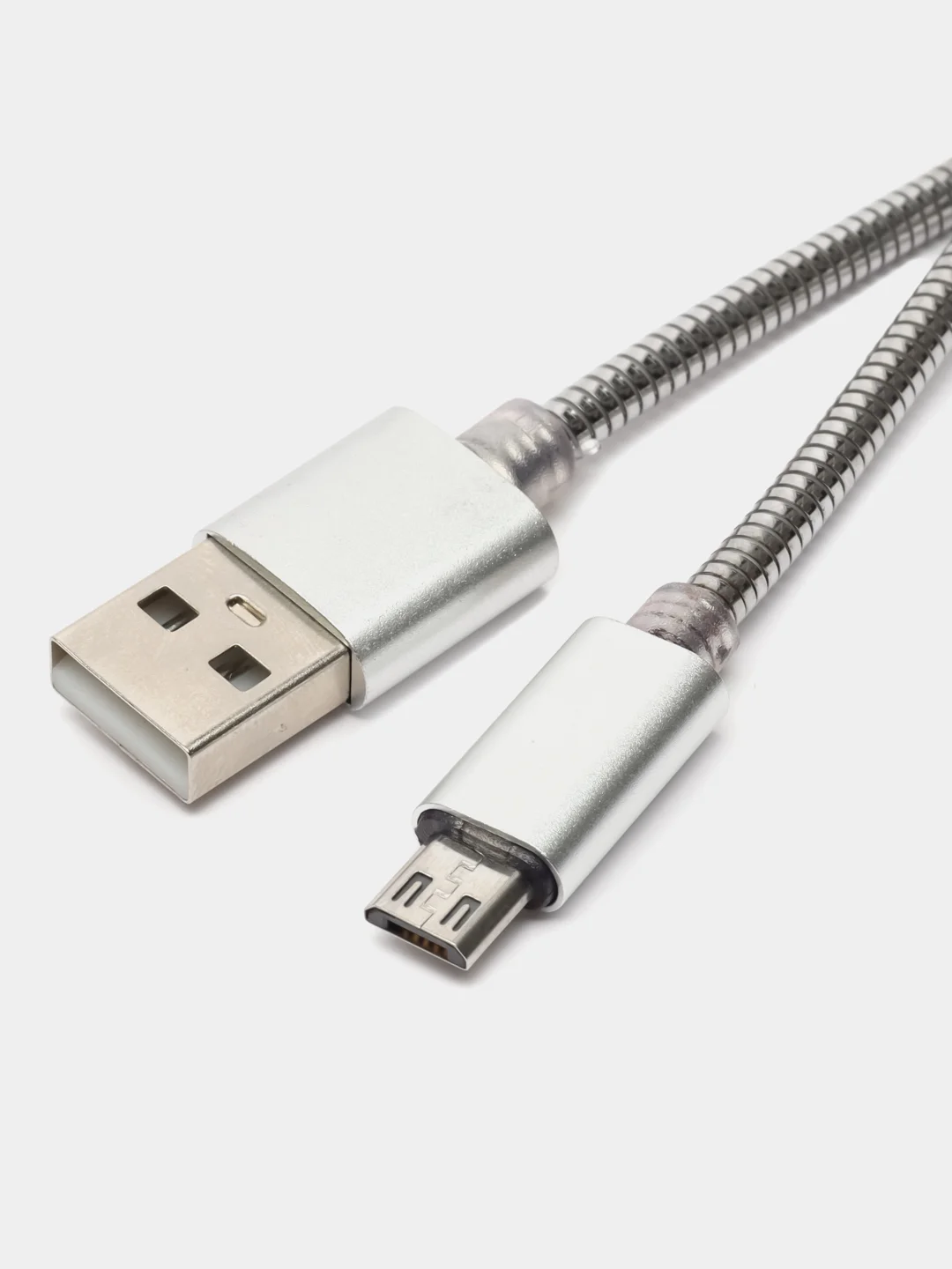 Серебряный зарядный USB кабель, 1 м, в металлической оплётке, iPhone Lightning Android Type-C Micro