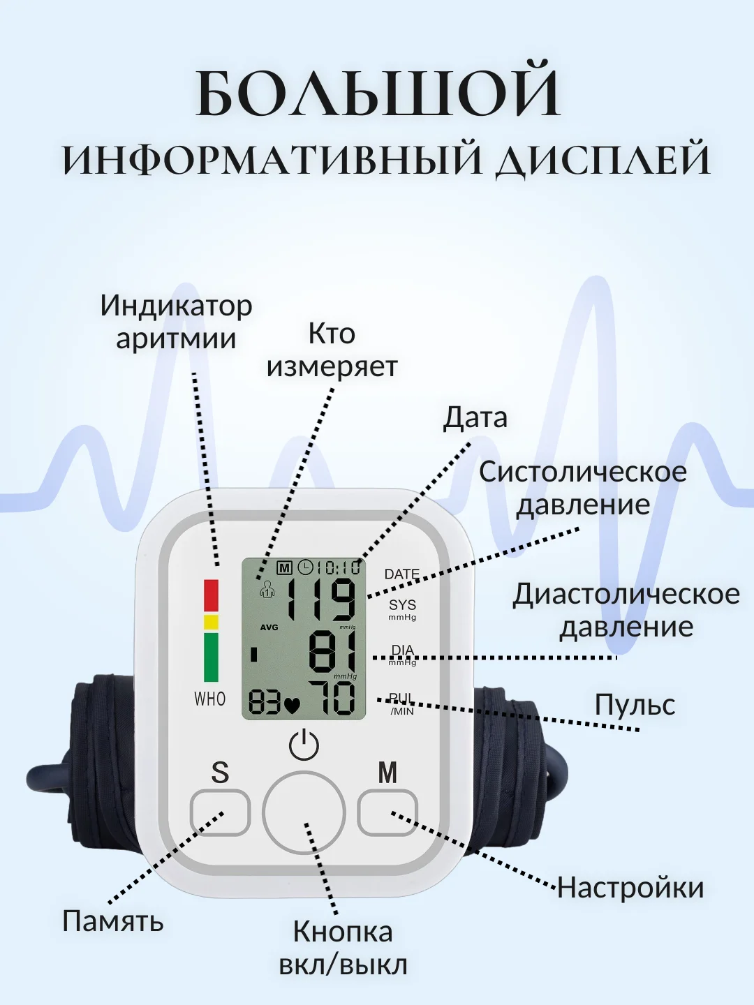 Белый тонометр автоматический на руку, аппарат для измерения давления с манжетой, на плечо