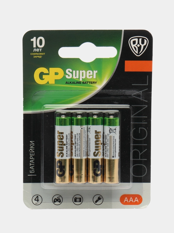 Батарейки алкаиновые GP Super BY Original 4 штуки, тип ААA, 24AGM-2CR4